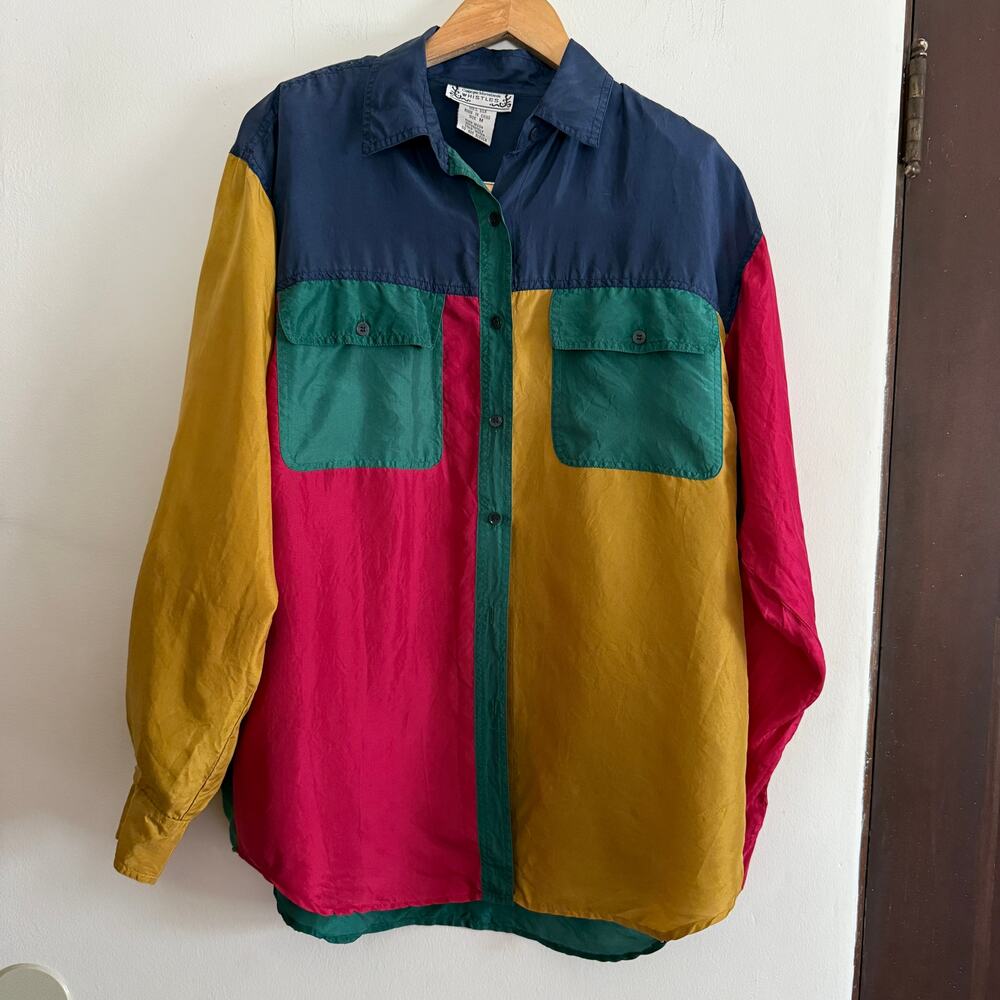 90s Vintage WHISTLES Navy Mustard Green Silk Button Down Colorblock Shirt Med